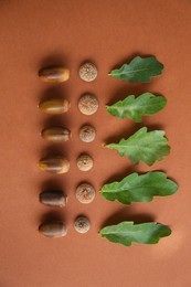 Photo of Acorns and green oak leaves on brown background, flat lay