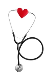 Stethoscope with red heart on white background, top view