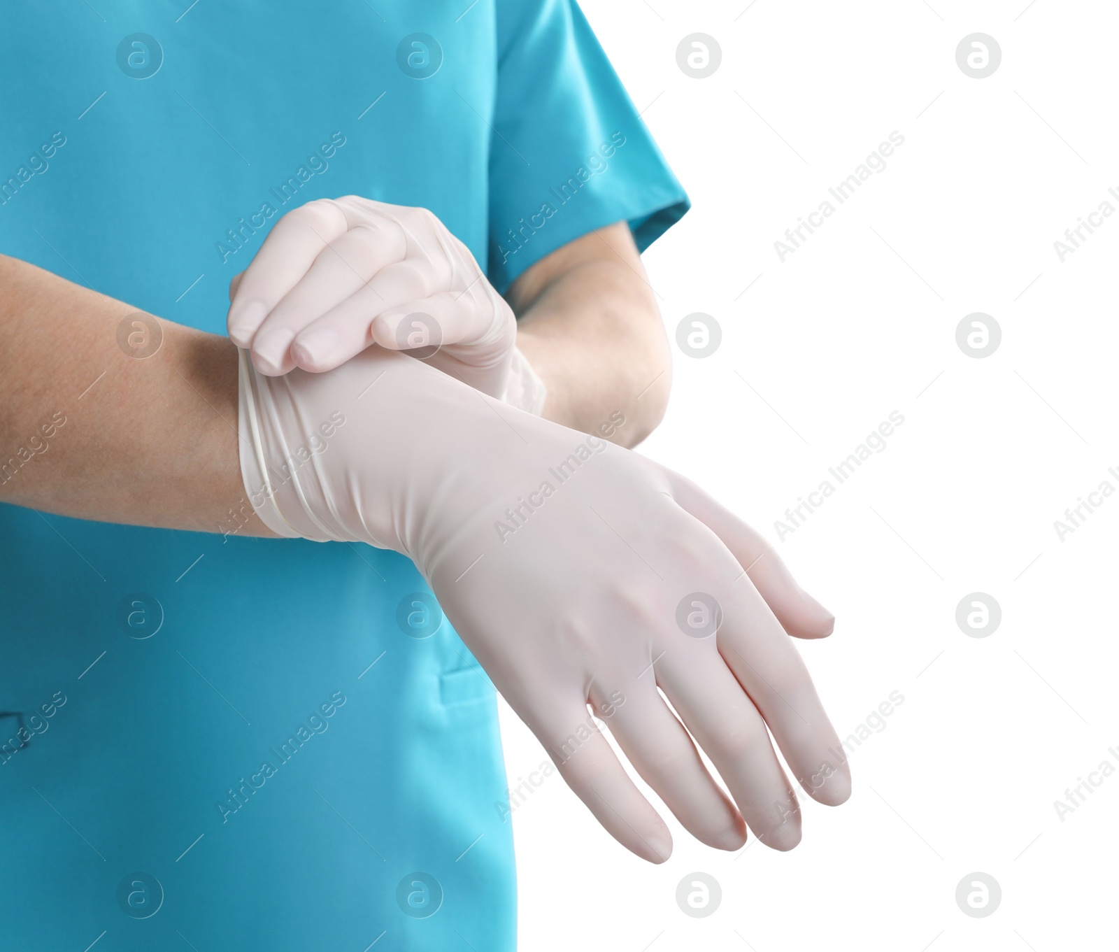 Photo of Doctor wearing medical gloves on white background, closeup