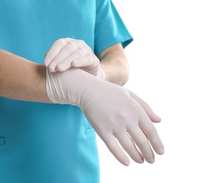 Photo of Doctor wearing medical gloves on white background, closeup