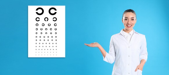 Vision test. Ophthalmologist or optometrist pointing at eye chart on light blue background, banner design