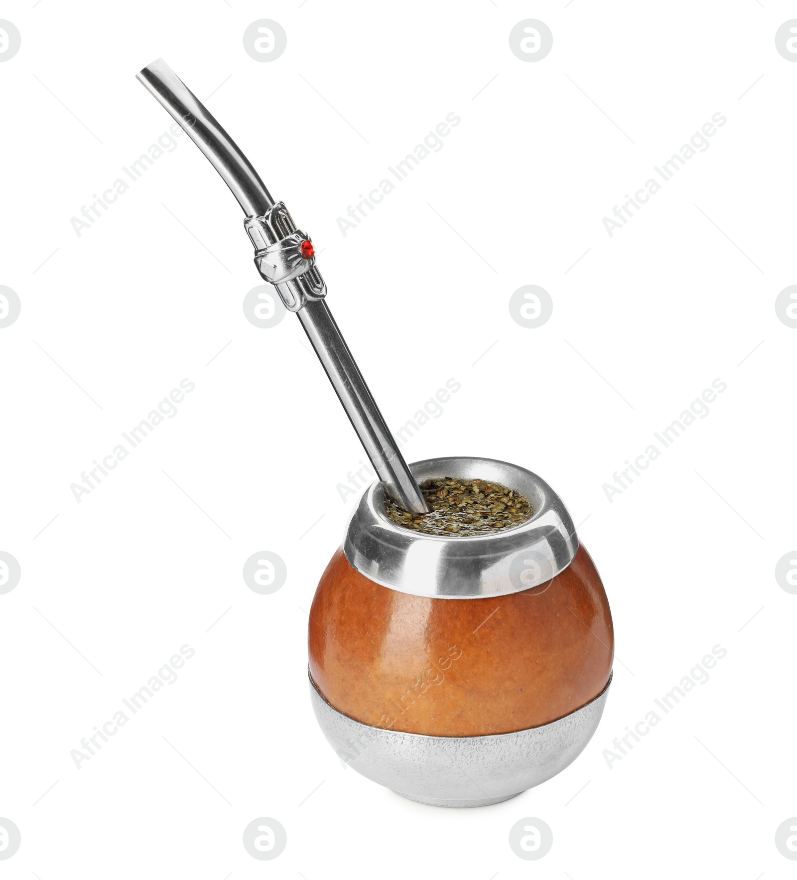 Photo of Calabash and bombilla with mate tea on white background