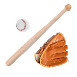 Wooden baseball bat, ball and pitcher isolated on white