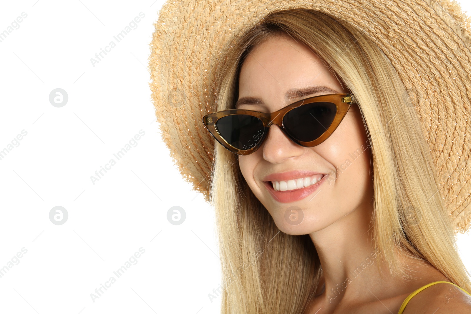 Photo of Beautiful woman in stylish sunglasses on white background