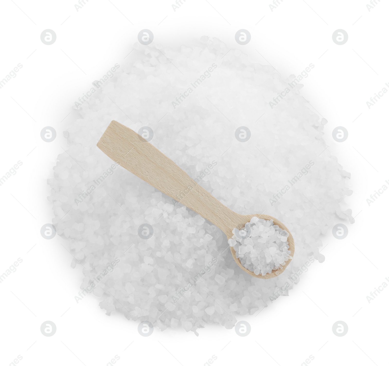 Photo of Heap of natural salt and wooden spoon isolated on white, top view