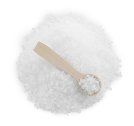 Photo of Heap of natural salt and wooden spoon isolated on white, top view