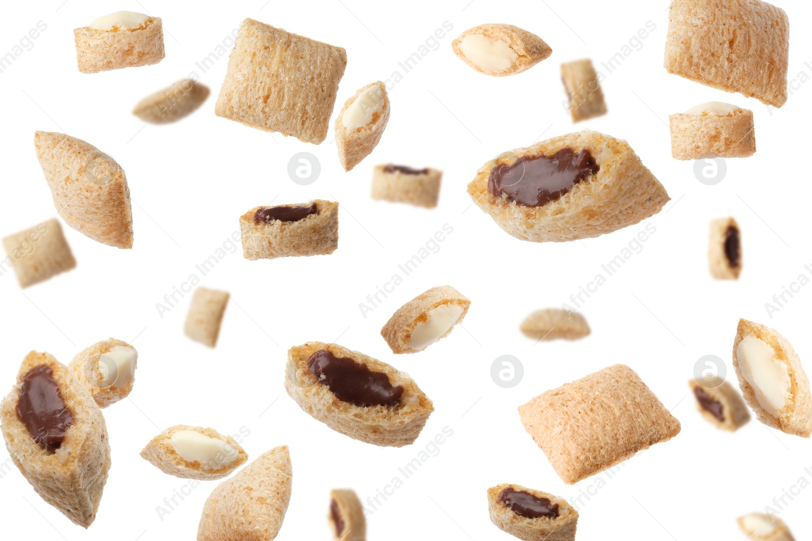 Image of Sweet crispy corn pads flying on white background 