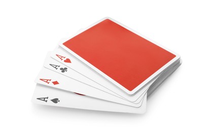 Photo of Four aces and other playing cards isolated on white. Poker game