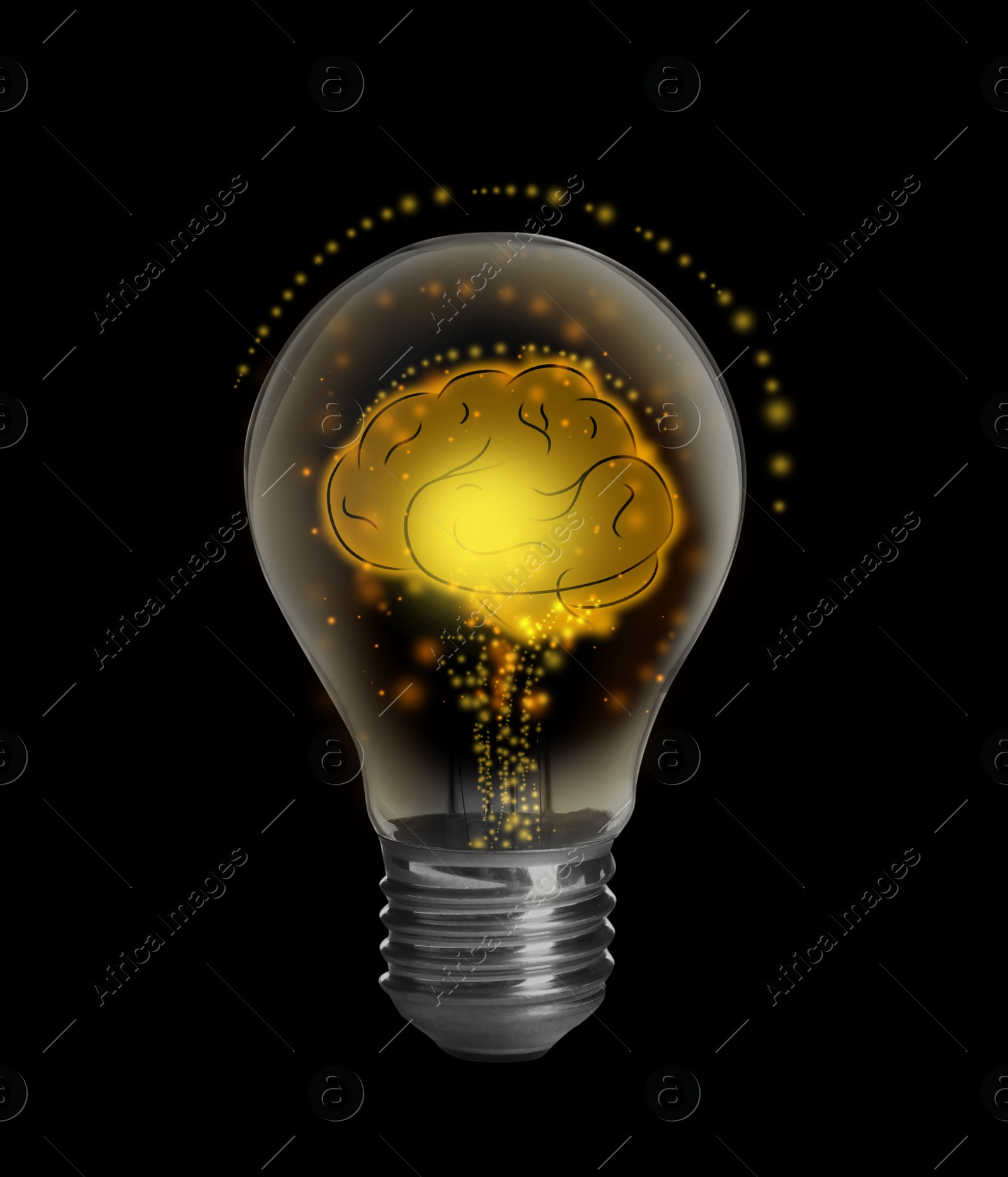 Image of Lamp bulb with human brain inside on black background. Idea generation