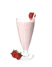 Photo of Tasty fresh milk shake and strawberries on white background