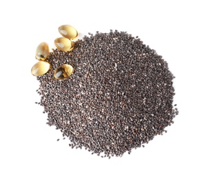 Pile of chia seeds and oil capsules isolated on white, top view