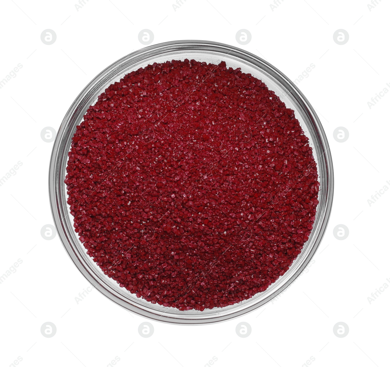 Photo of Glass bowl with dark red food coloring isolated on white, top view