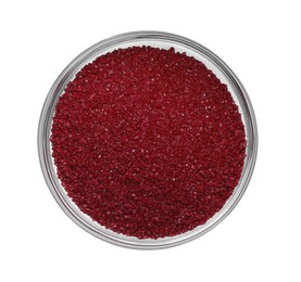 Photo of Glass bowl with dark red food coloring isolated on white, top view