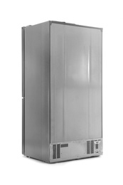 Photo of New modern refrigerator isolated on white, back view