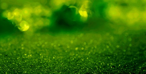 Image of St. Patrick day. Shiny green glitter, bokeh effect. Banner design