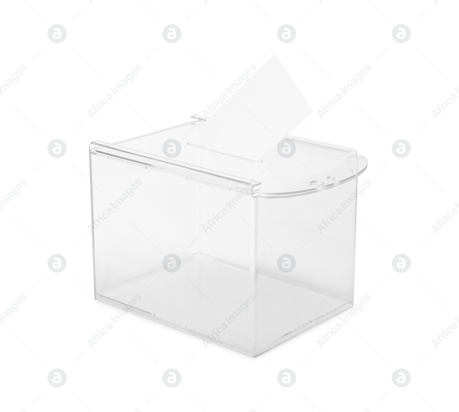 Photo of Transparent ballot box with vote isolated on white