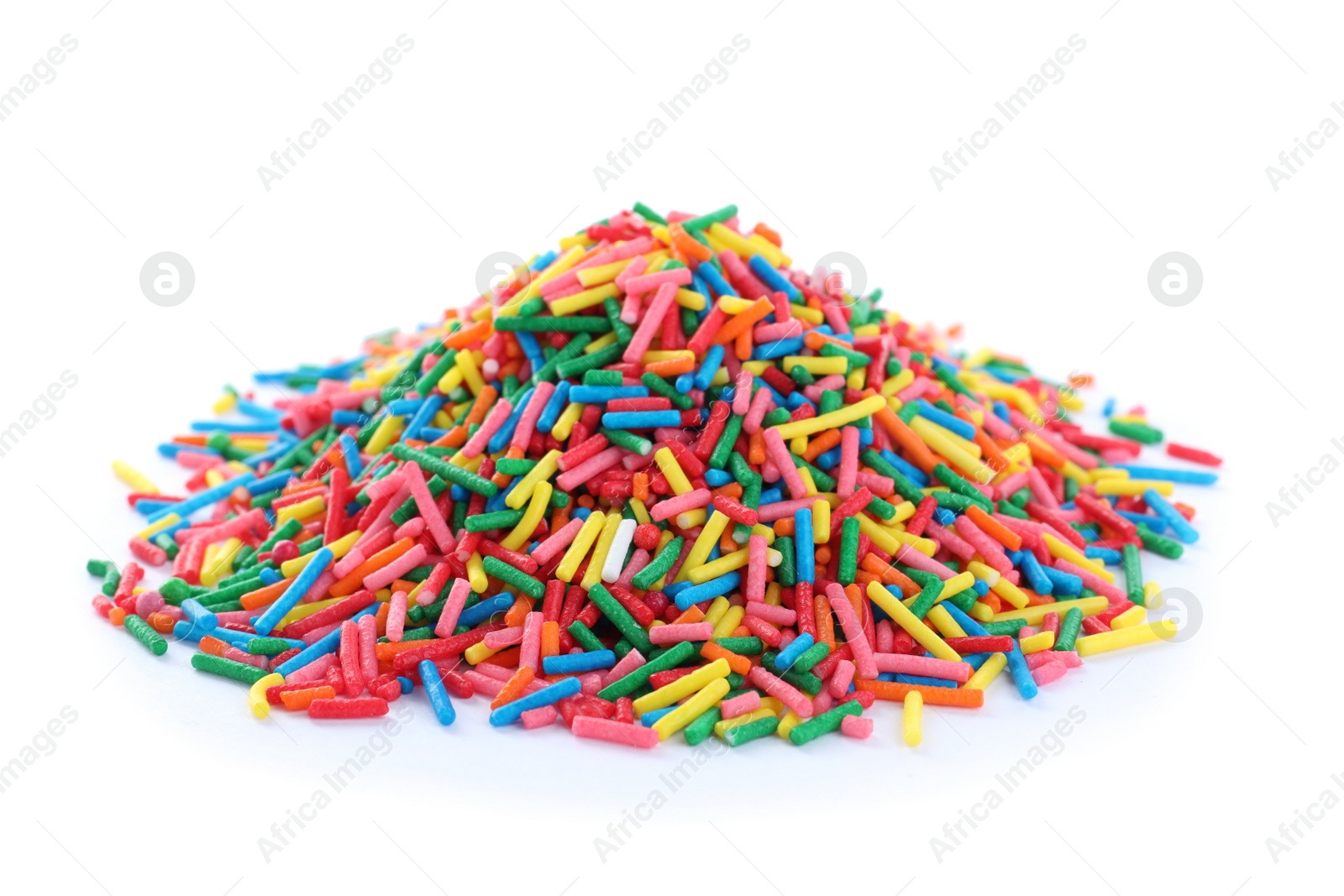 Photo of Pile of colorful sprinkles on white background. Confectionery decor