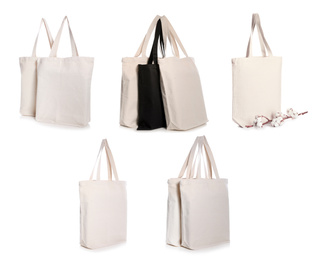 Image of Set of eco bags on white background