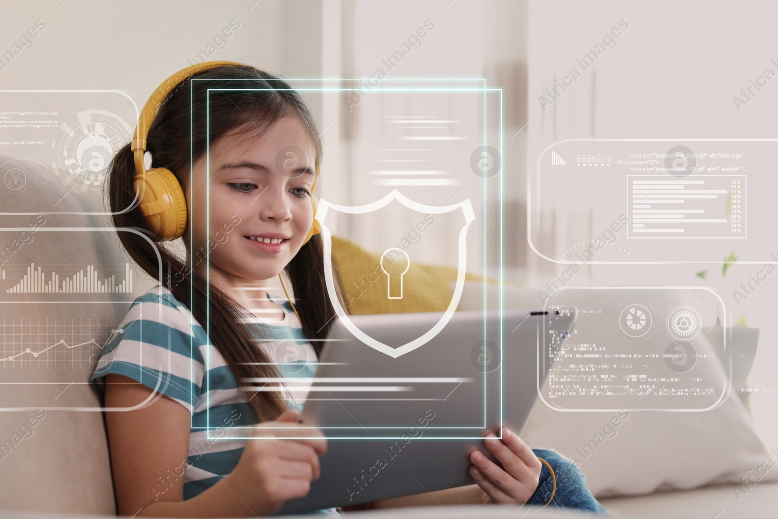 Image of Child safety online. Little girl using tablet at home. Illustration of internet blocking app on foreground