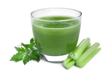 Photo of Celery juice and fresh ingredients on white background