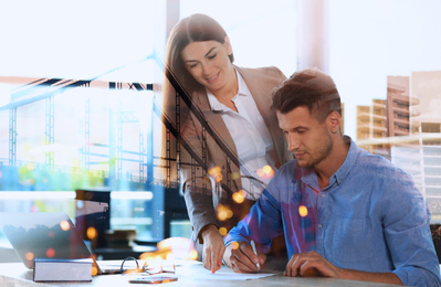 Image of Multiple exposure of people in office, bridge and cityscape. Business corporation 