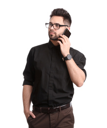 Photo of Young businessman talking on smartphone against white background