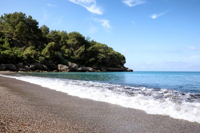 Beautiful sea beach near rocky hill with forest on sunny summer day