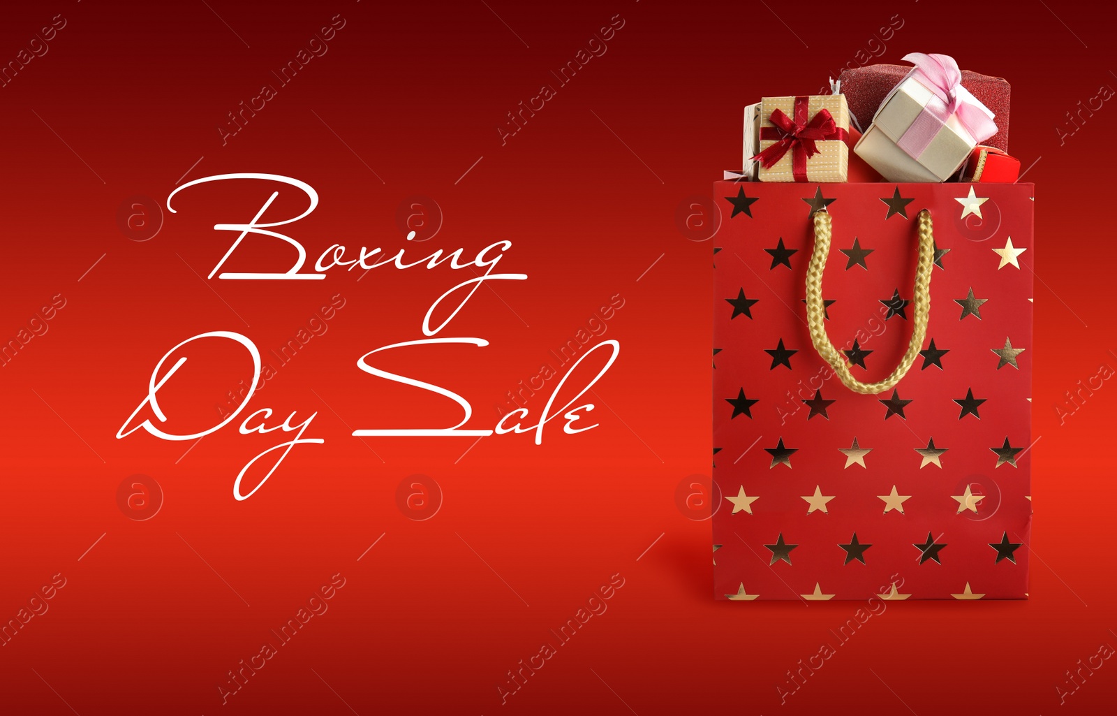 Image of Boxing day sale. Shopping bag with gifts on red background