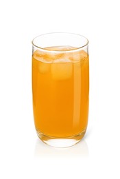 Photo of Glass of orange soda water with ice cubes isolated on white