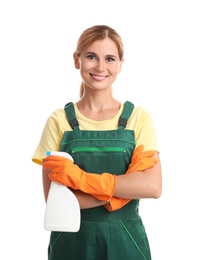 Female janitor with bottle of cleaning product on white background