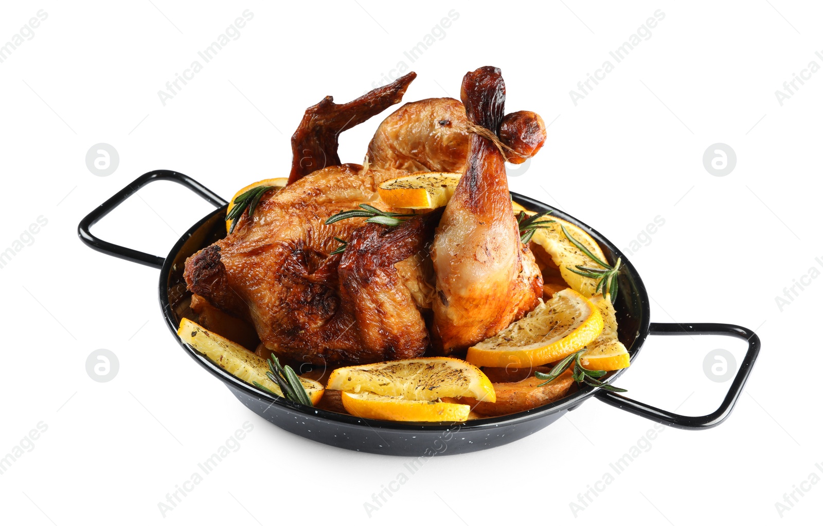 Photo of Chicken with orange slices in baking pan isolated on white