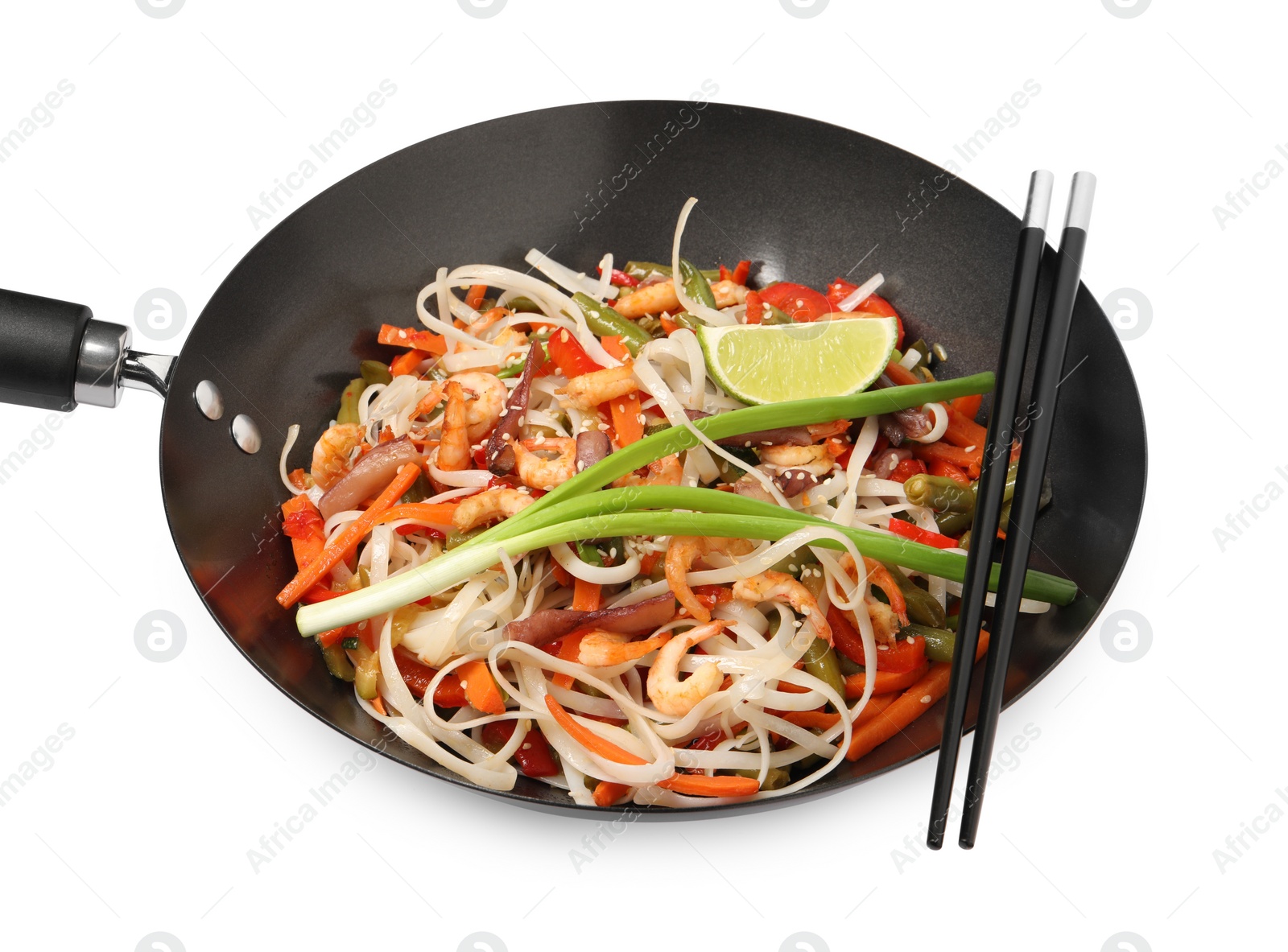 Photo of Shrimp stir fry with noodles and vegetables in wok isolated on white