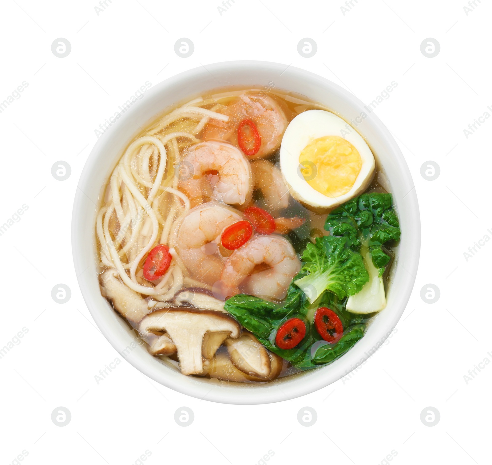 Photo of Tasty ramen with shrimps in bowl isolated on white, top view