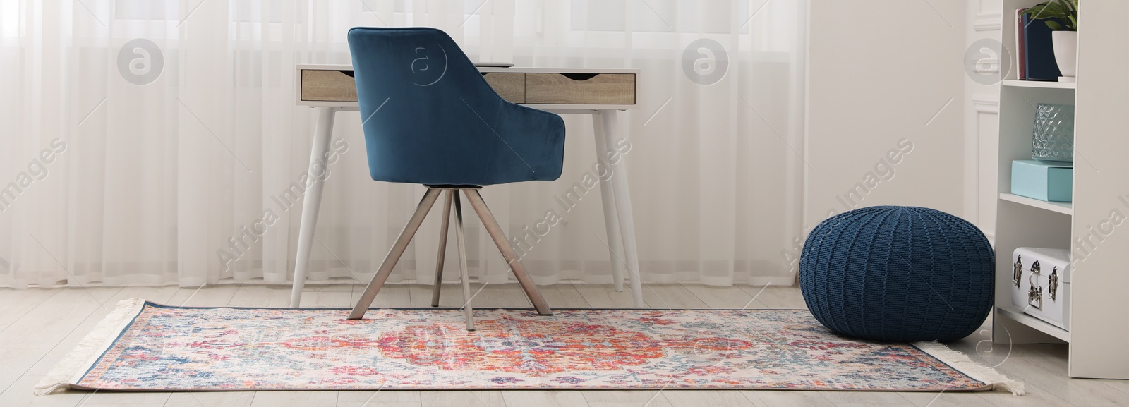 Image of Stylish room interior with beautiful rug and furniture. Banner design