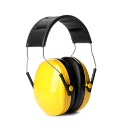 Photo of Protective headphones on white background. Construction tool