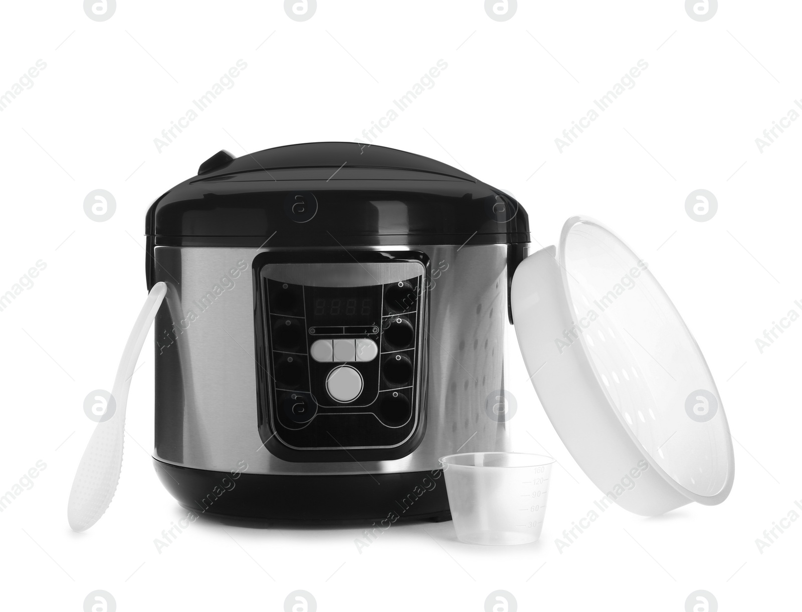 Photo of Disassembled electric multi cooker with accessories on white background