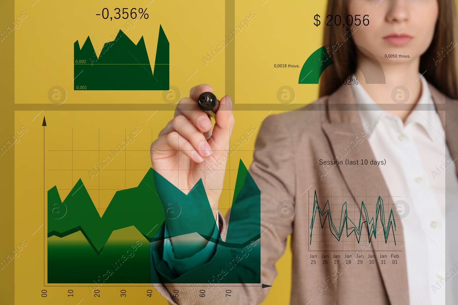 Image of Finance trading concept. Woman working with charts, closeup