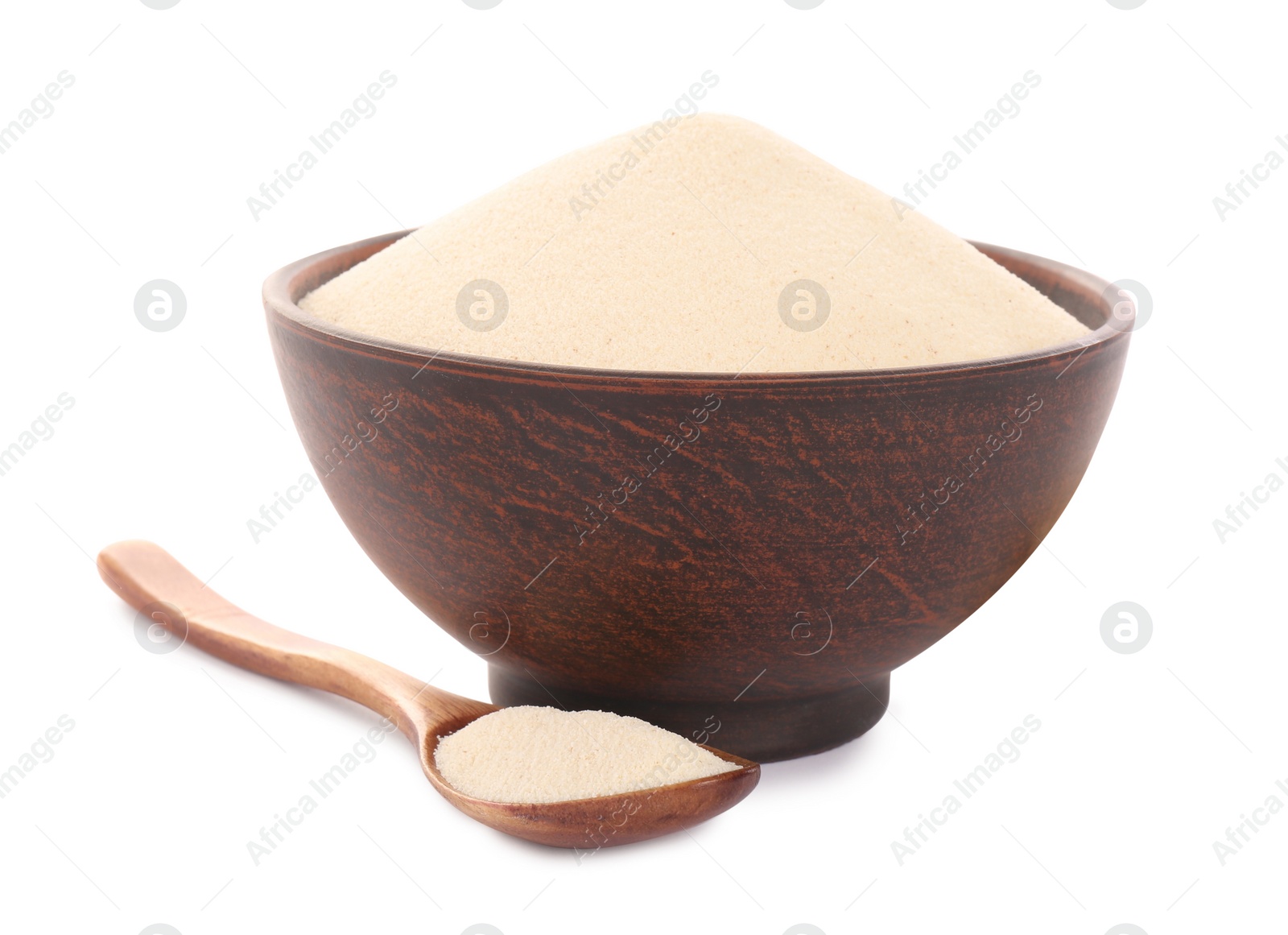 Photo of Semolina in bowl and wooden spoon on white background