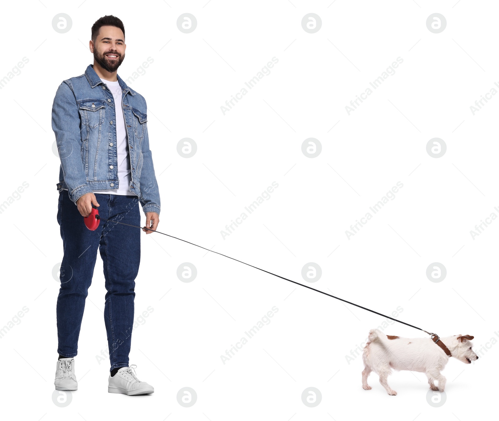 Image of Smiling man walking with dog on white background