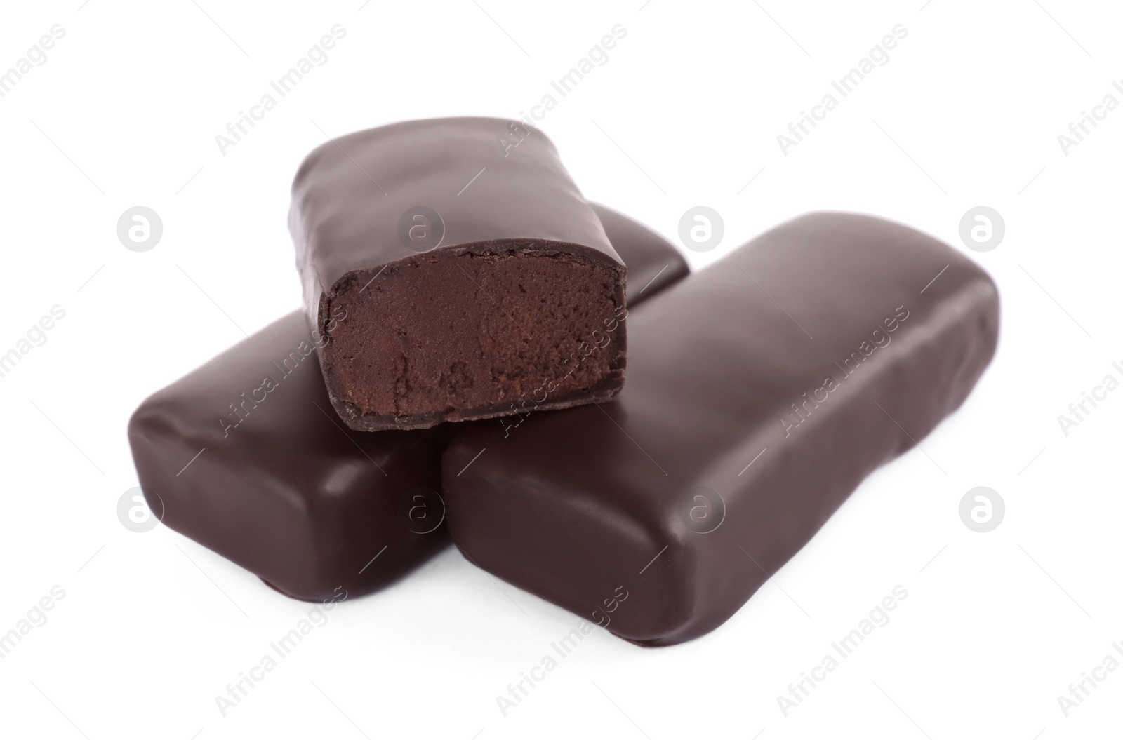 Photo of Delicious glazed cut and whole cheeses with cocoa on white background