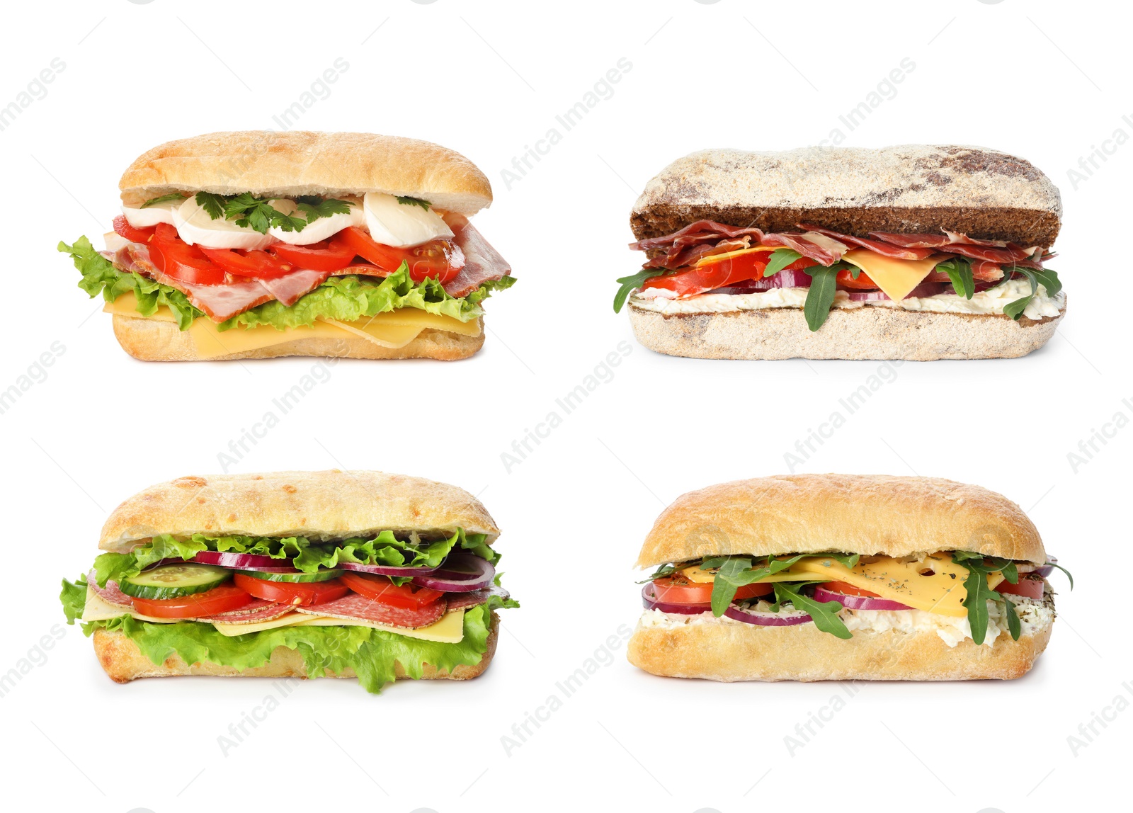 Image of Set of delicious sandwiches on white background