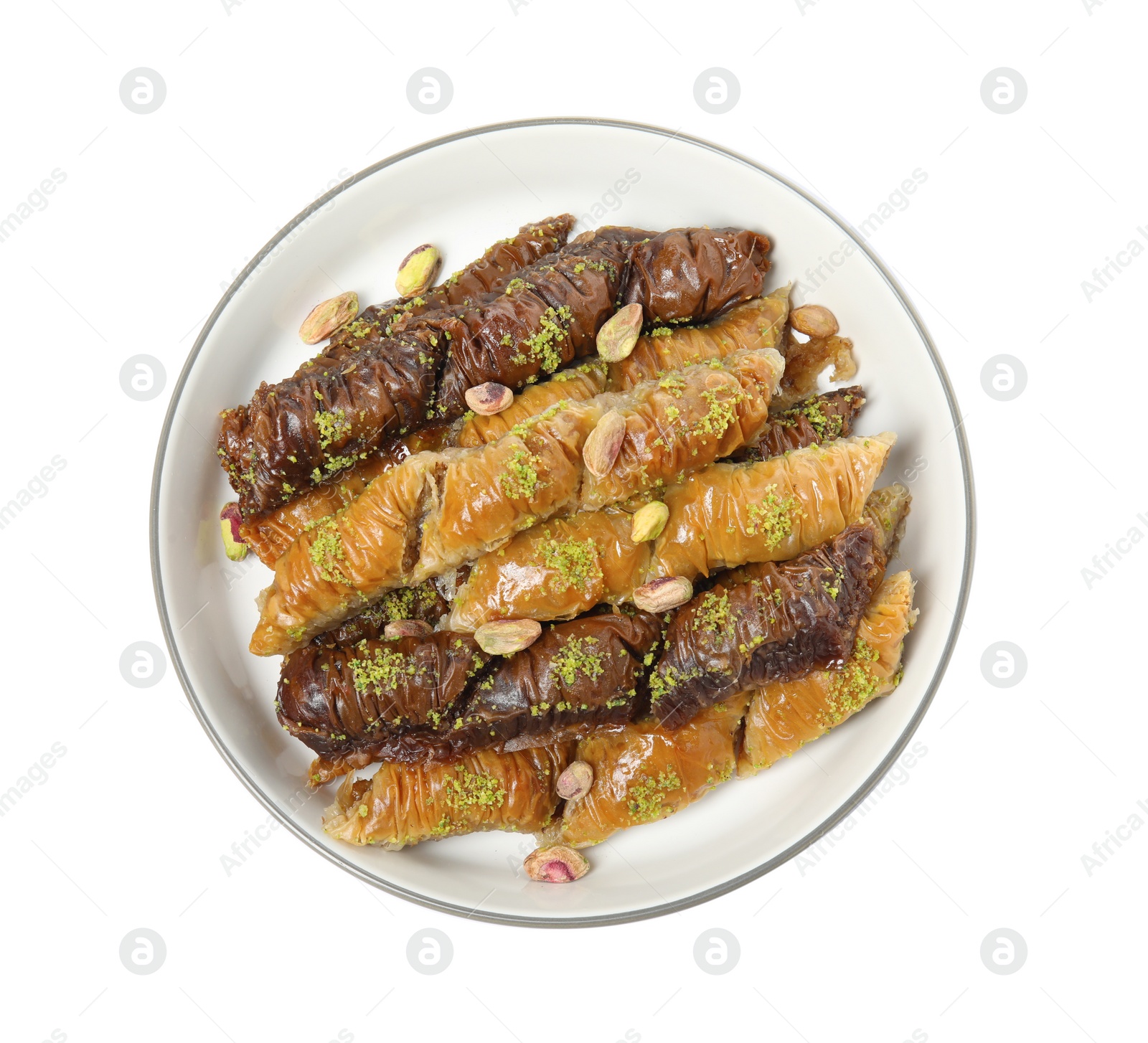 Photo of Delicious sweet baklava with pistachios isolated on white, top view