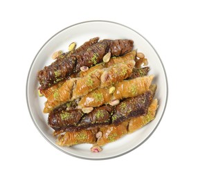 Delicious sweet baklava with pistachios isolated on white, top view