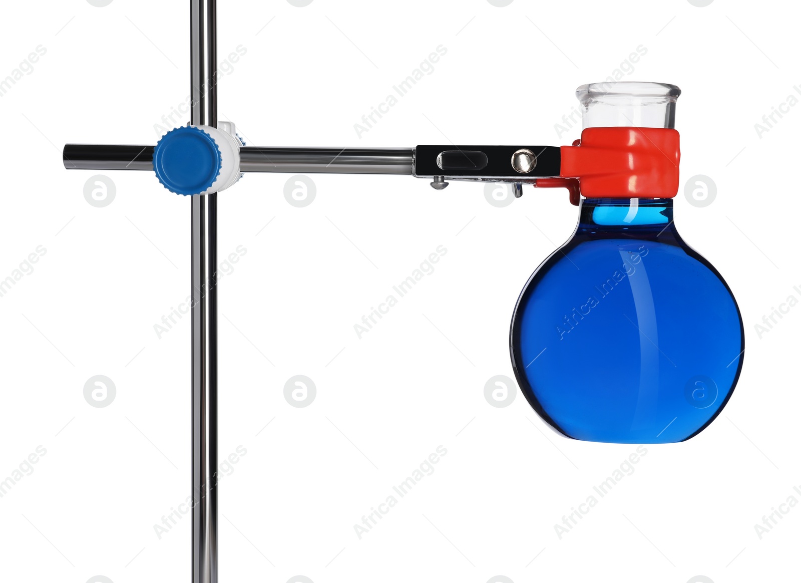 Photo of Retort stand with flask of blue liquid isolated on white