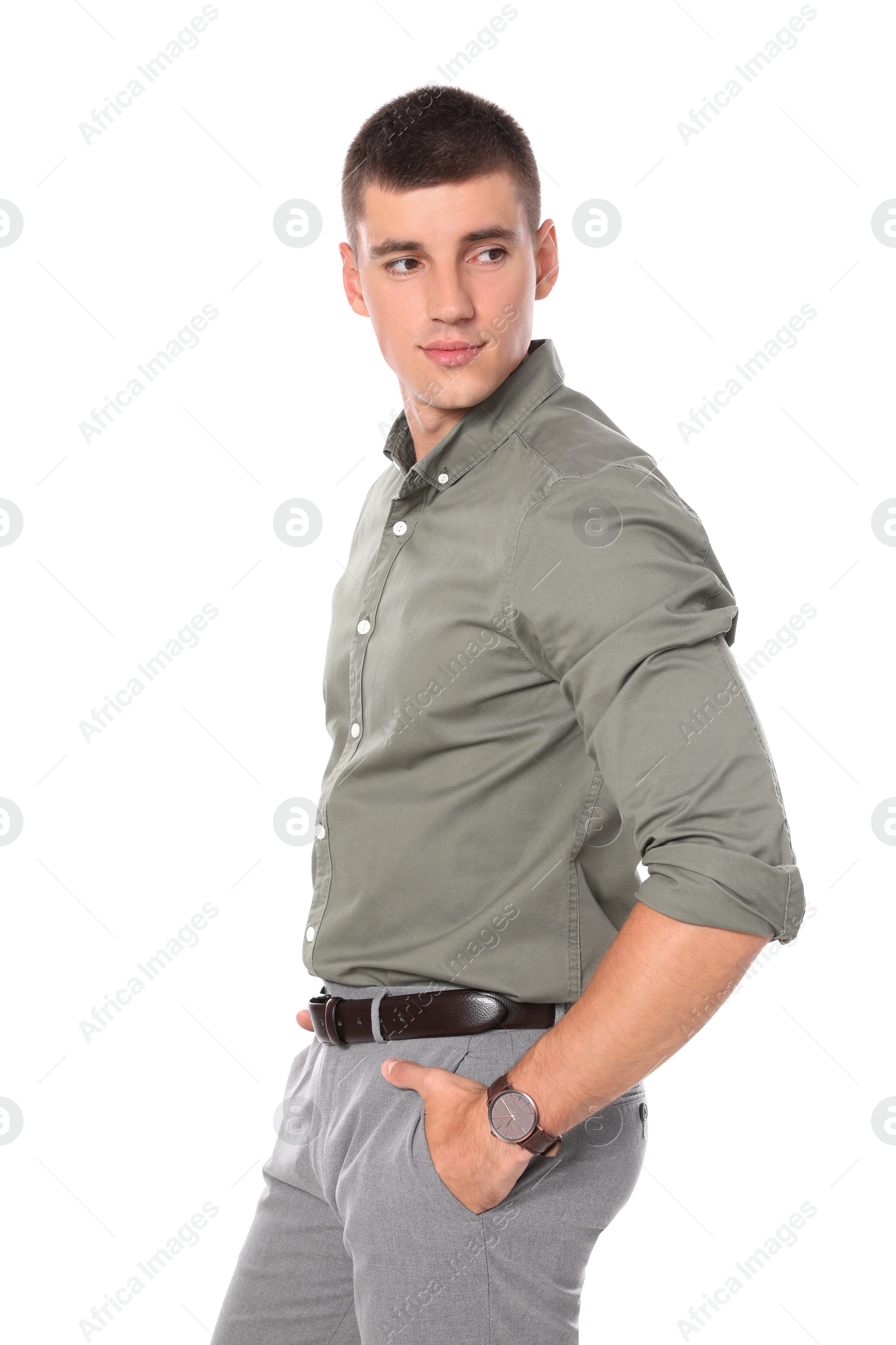 Photo of Portrait of handsome young man on white background