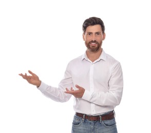 Photo of Handsome man gesturing on white background. Weather forecast reporter