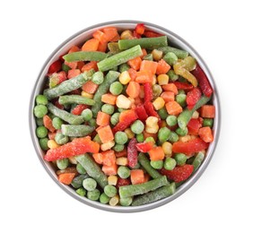 Mix of different frozen vegetables in bowl isolated on white, top view