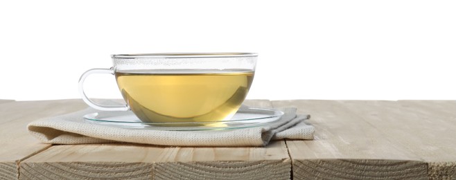 Photo of Refreshing green tea in cup on wooden table against white background