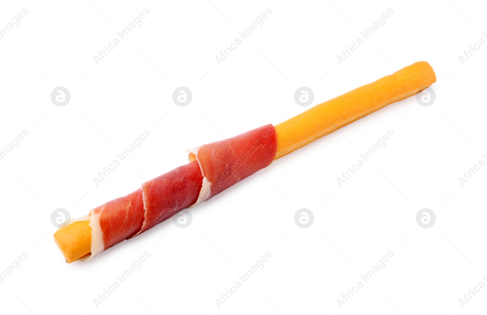 Photo of Delicious grissini stick with prosciutto isolated on white