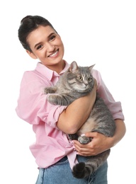 Young woman with cute cat on white background. Pet and owner